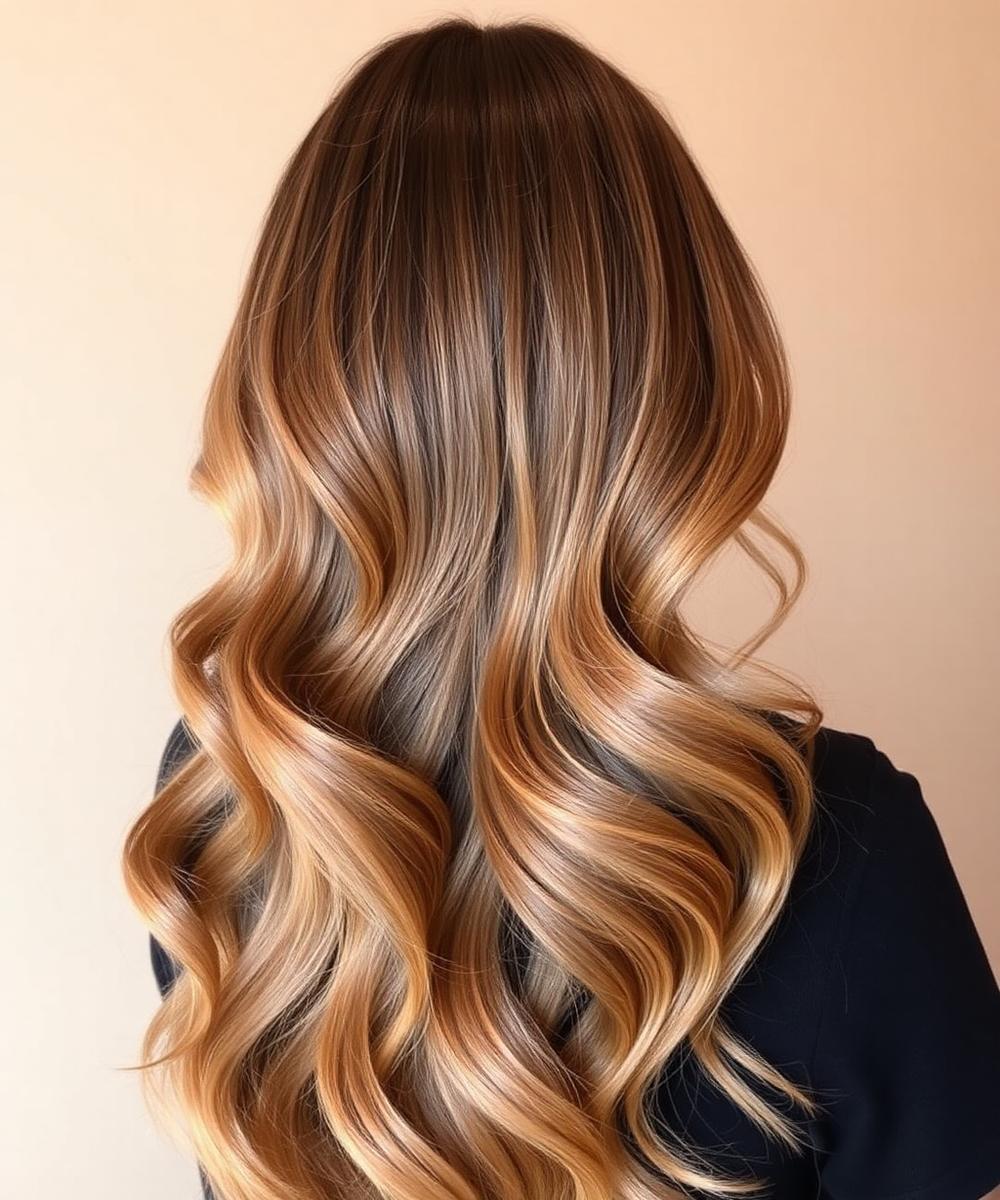 Long balayage highlights with soft caramel tones, styled in loose waves